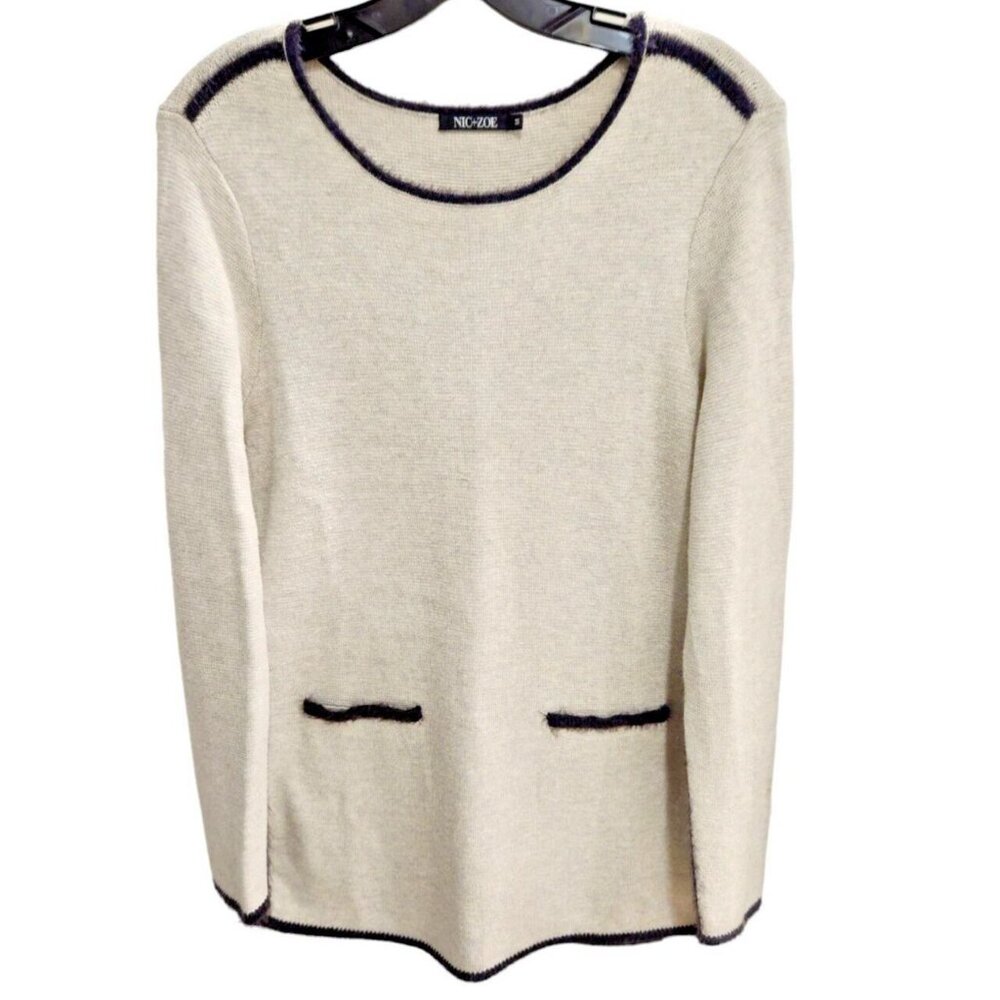 Nic + Zoe Tunic Sweater W/Pockets Women's M Ivory Black Trim